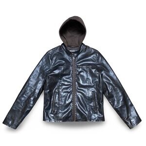 Levis Faux Leather Jacket Mens Small Hooded Lined Dark Brown Black Vintage Style